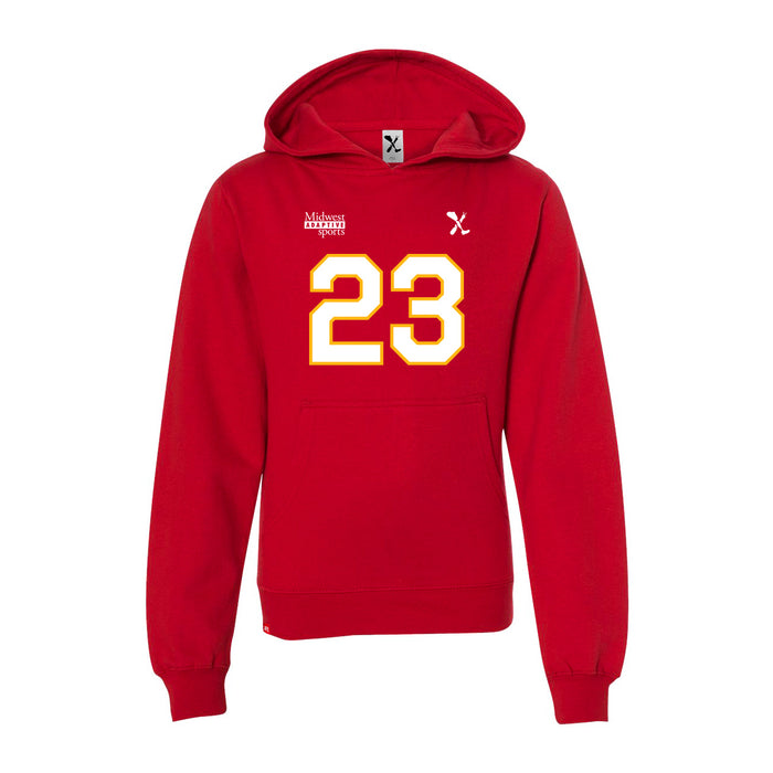 Front angle of the John Gilbert MAS Kansas City Wheelchair Football Amplife Youth Red Hoodie against a white background