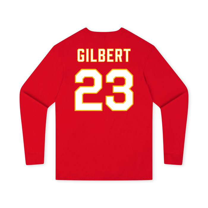Back angle of the John Gilbert MAS Kansas City Wheelchair Football Amplife Youth Red Long Sleeve T-Shirt against a white background