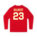 Back angle of the John Gilbert MAS Kansas City Wheelchair Football Amplife Youth Red Long Sleeve T-Shirt against a white background