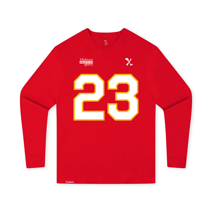 Front angle of the John Gilbert MAS Kansas City Wheelchair Football Amplife Youth Red Long Sleeve T-Shirt against a white background