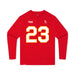 Front angle of the John Gilbert MAS Kansas City Wheelchair Football Amplife Youth Red Long Sleeve T-Shirt against a white background
