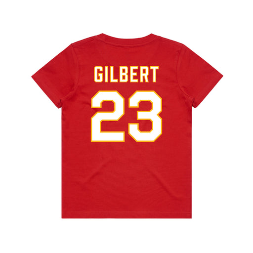 Back angle of the John Gilbert MAS Kansas City Wheelchair Football Amplife Youth Red T-Shirt against a white background