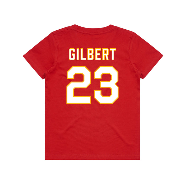 Back angle of the John Gilbert MAS Kansas City Wheelchair Football Amplife Youth Red T-Shirt against a white background