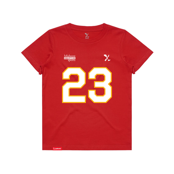 Front angle of the John Gilbert MAS Kansas City Wheelchair Football Amplife Youth Red T-Shirt against a white background