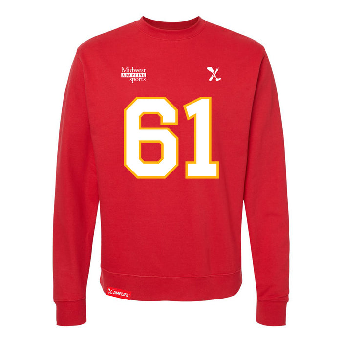 Front angle of the John Teegarden MAS Kansas City Wheelchair Football Amplife Red Crewneck Sweatshirt against a white background