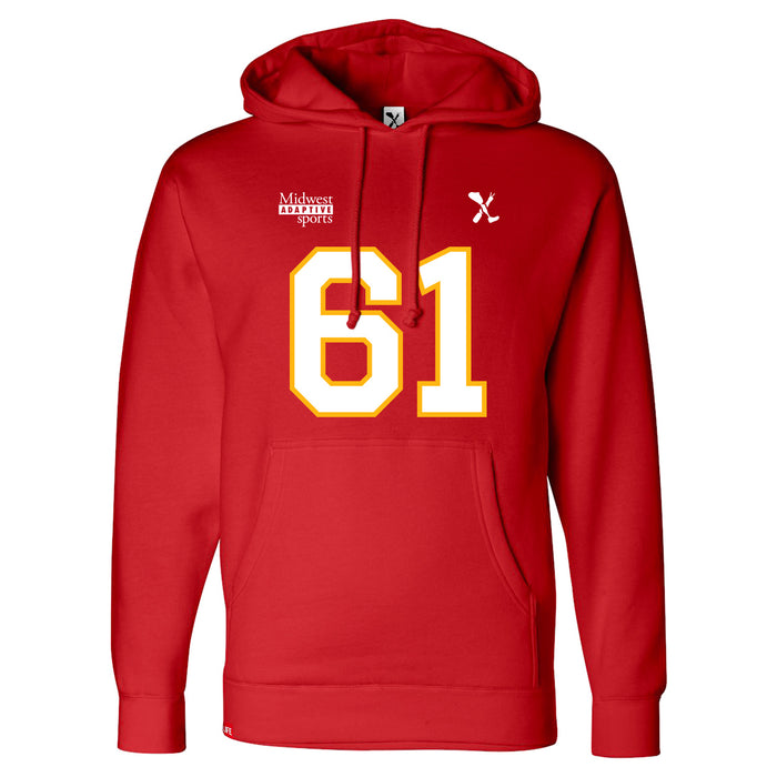 Front angle of the John Teegarden MAS Kansas City Wheelchair Football Amplife Red Hoodie against a white background