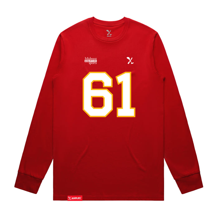 Front angle of the John Teegarden MAS Kansas City Wheelchair Football Amplife Red Long Sleeve T-Shirt against a white background
