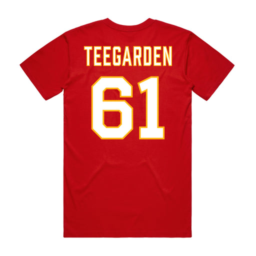 Back angle of the John Teegarden MAS Kansas City Wheelchair Football Amplife Red T-Shirt against a white background