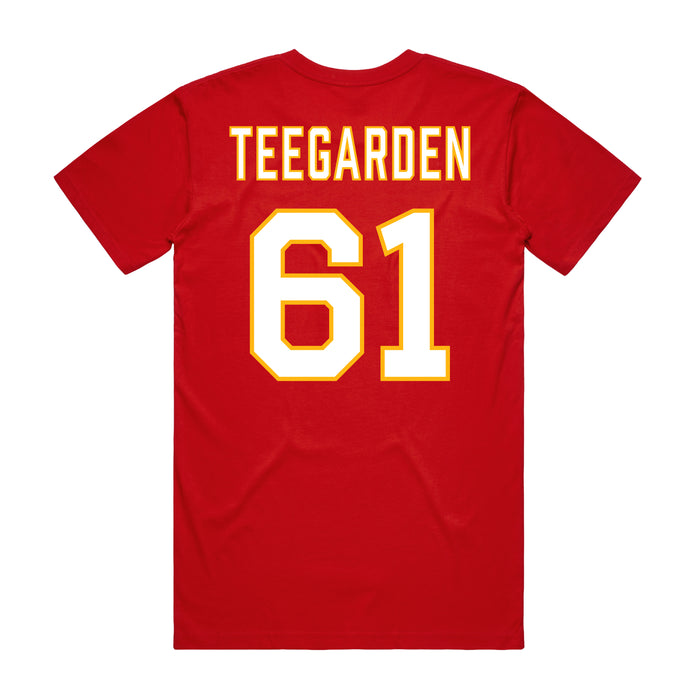 Back angle of the John Teegarden MAS Kansas City Wheelchair Football Amplife Red T-Shirt against a white background