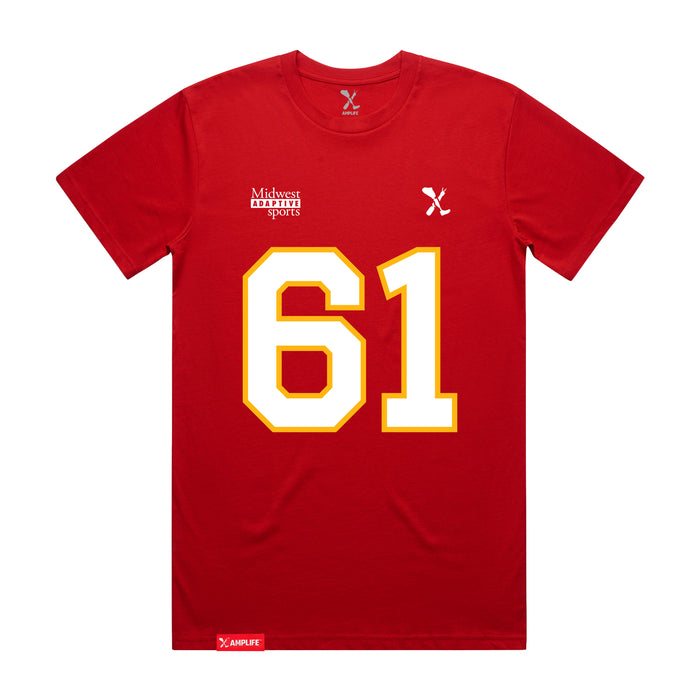 Front angle of the John Teegarden MAS Kansas City Wheelchair Football Amplife Red T-Shirt against a white background