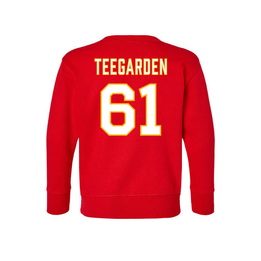 Back angle of the John Teegarden MAS Kansas City Wheelchair Football Amplife Toddler Red Crewneck Sweatshirt against a white background