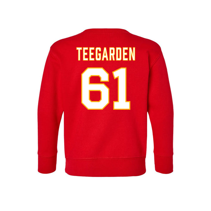 Back angle of the John Teegarden MAS Kansas City Wheelchair Football Amplife Toddler Red Crewneck Sweatshirt against a white background