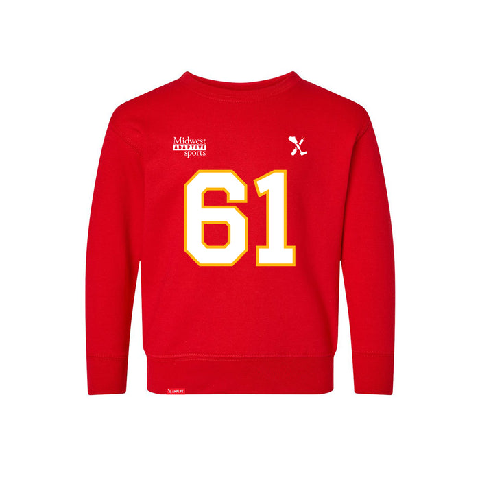 Front angle of the John Teegarden MAS Kansas City Wheelchair Football Amplife Toddler Red Crewneck Sweatshirt against a white background