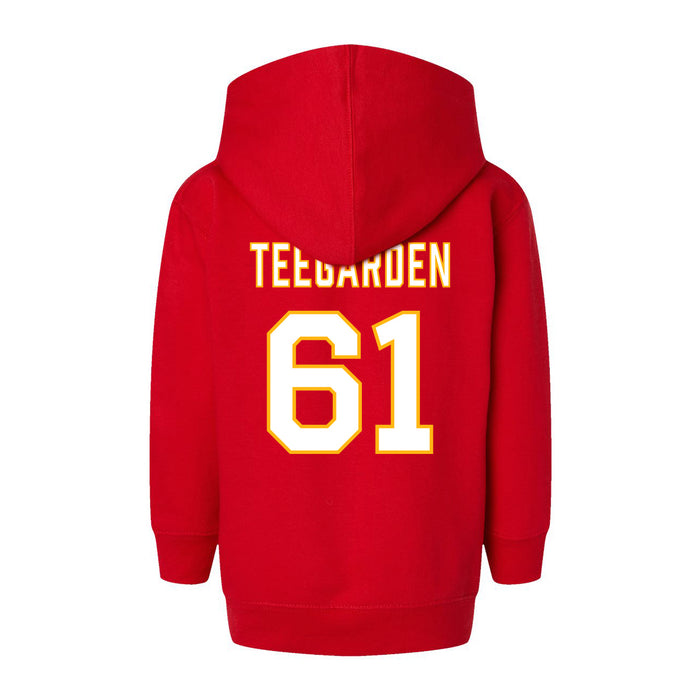 Back angle of the John Teegarden MAS Kansas City Wheelchair Football Amplife Toddler Red Hoodie against a white background