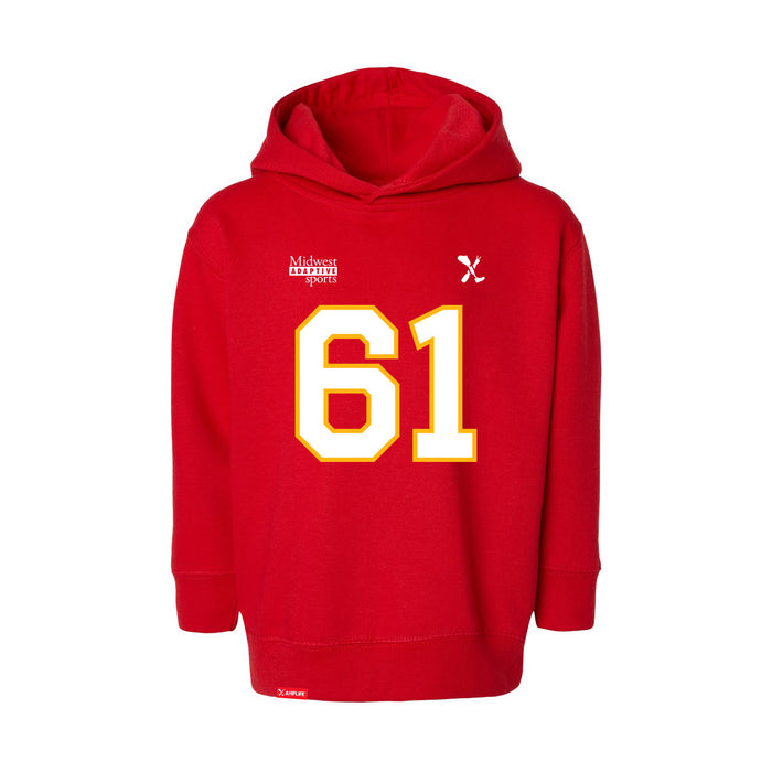 Front angle of the John Teegarden MAS Kansas City Wheelchair Football Amplife Toddler Red Hoodie against a white background