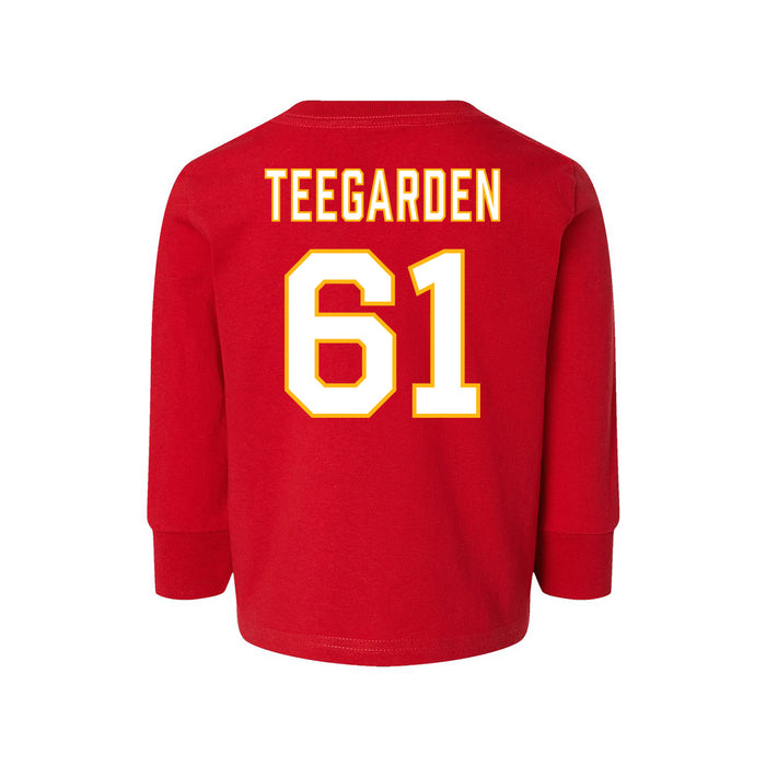 Back angle of the John Teegarden MAS Kansas City Wheelchair Football Amplife Toddler Red Long Sleeve T-Shirt against a white background