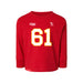 Front angle of the John Teegarden MAS Kansas City Wheelchair Football Amplife Toddler Red Long Sleeve T-Shirt against a white background
