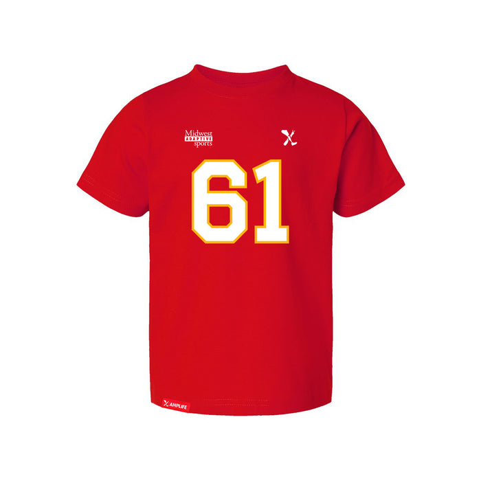 Front angle of the John Teegarden MAS Kansas City Wheelchair Football Amplife Toddler Red T-Shirt against a white background