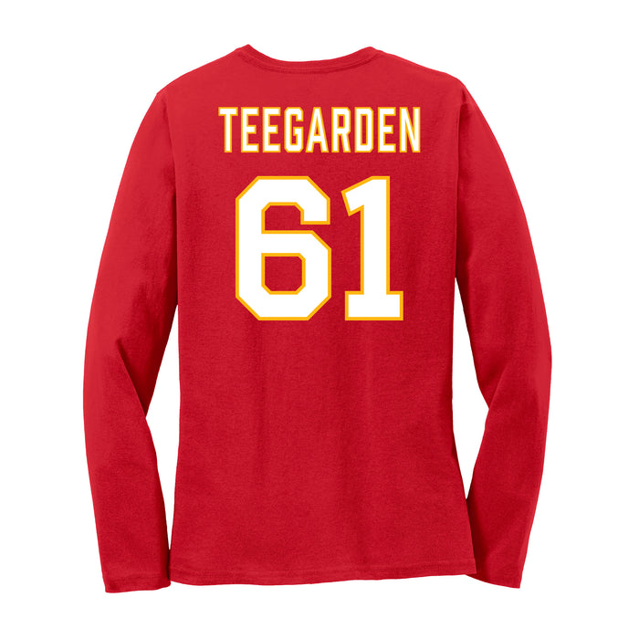Back angle of the John Teegarden MAS Kansas City Wheelchair Football Amplife Women's Red Long Sleeve T-Shirt against a white background