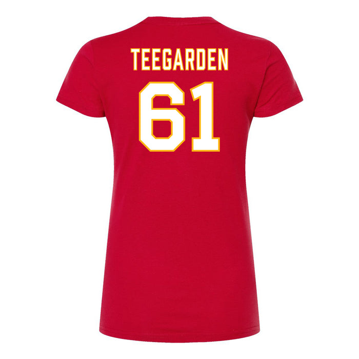 Back angle of the John Teegarden MAS Kansas City Wheelchair Football Amplife Women's Red Slim T-Shirt against a white background