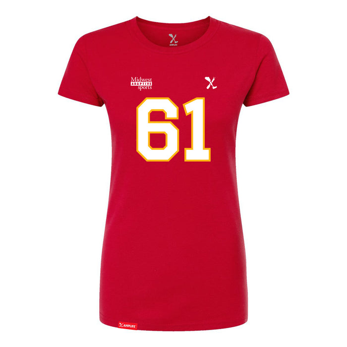 Front angle of the John Teegarden MAS Kansas City Wheelchair Football Amplife Women's Red Slim T-Shirt against a white background
