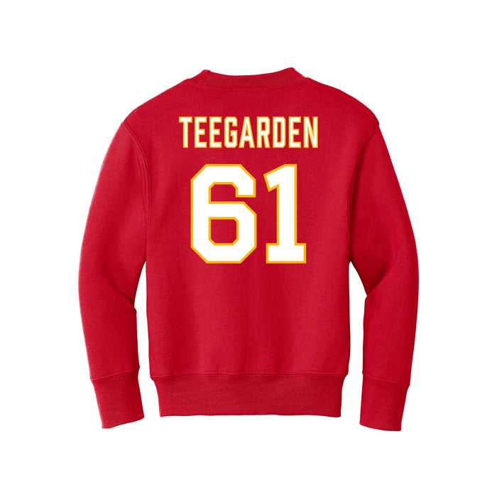 Back angle of the John Teegarden MAS Kansas City Wheelchair Football Amplife Youth Red Crewneck Sweatshirt against a white background