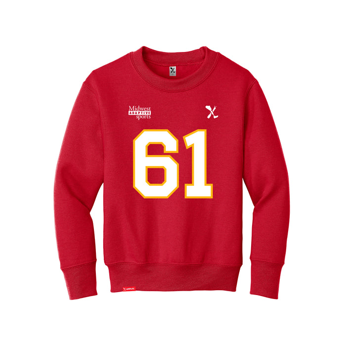 Front angle of the John Teegarden MAS Kansas City Wheelchair Football Amplife Youth Red Crewneck Sweatshirt against a white background
