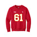 Front angle of the John Teegarden MAS Kansas City Wheelchair Football Amplife Youth Red Crewneck Sweatshirt against a white background