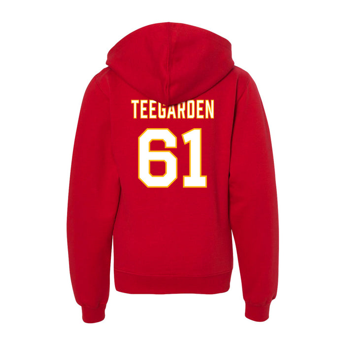 Back angle of the John Teegarden MAS Kansas City Wheelchair Football Amplife Youth Red Hoodie against a white background