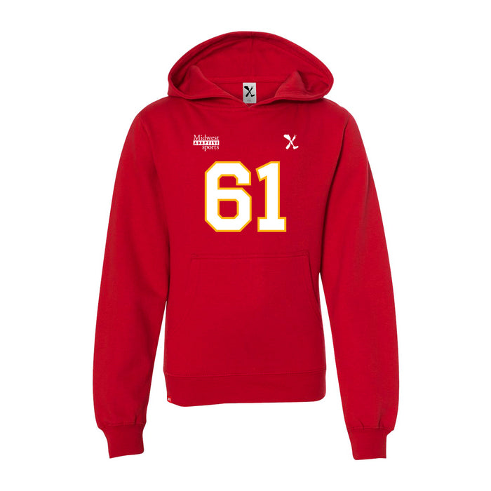 Front angle of the John Teegarden MAS Kansas City Wheelchair Football Amplife Youth Red Hoodie against a white background