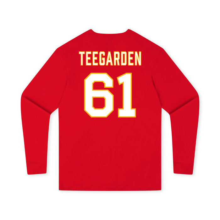 Back angle of the John Teegarden MAS Kansas City Wheelchair Football Amplife Youth Red Long Sleeve T-Shirt against a white background