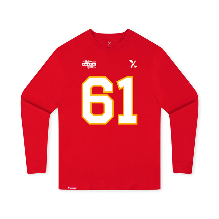Front angle of the John Teegarden MAS Kansas City Wheelchair Football Amplife Youth Red Long Sleeve T-Shirt against a white background