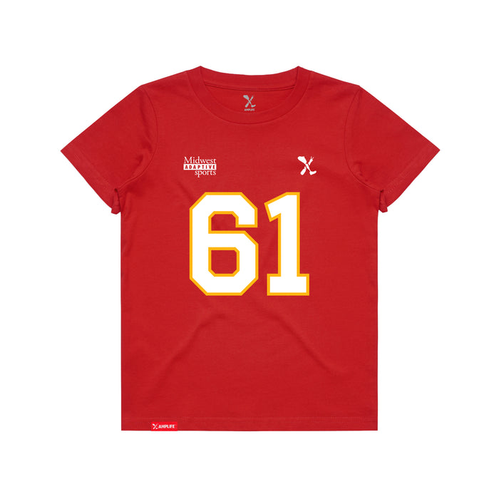 Front angle of the John Teegarden MAS Kansas City Wheelchair Football Amplife Youth Red T-Shirt against a white background