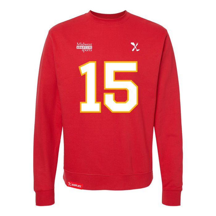 Front angle of the Josh Bailey MAS Kansas City Wheelchair Football Amplife Red Crewneck Sweatshirt against a white background