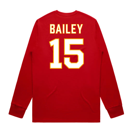 Back angle of the Josh Bailey MAS Kansas City Wheelchair Football Amplife Red Long Sleeve T-Shirt against a white background
