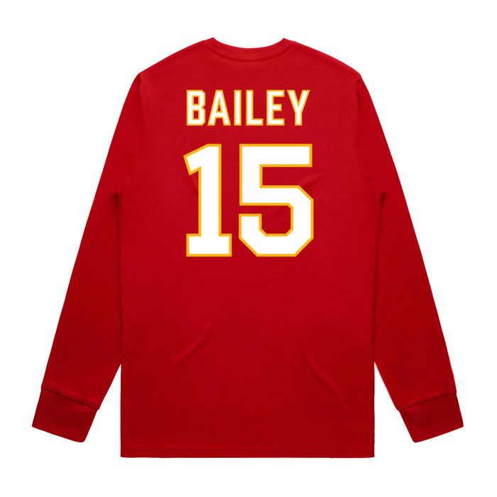 Back angle of the Josh Bailey MAS Kansas City Wheelchair Football Amplife Red Long Sleeve T-Shirt against a white background