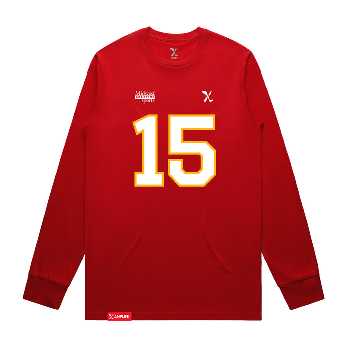 Front angle of the Josh Bailey MAS Kansas City Wheelchair Football Amplife Red Long Sleeve T-Shirt against a white background