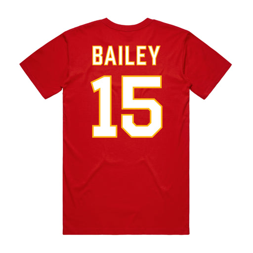Back angle of the Josh Bailey MAS Kansas City Wheelchair Football Amplife Red T-Shirt against a white background