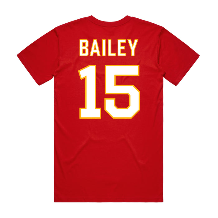 Back angle of the Josh Bailey MAS Kansas City Wheelchair Football Amplife Red T-Shirt against a white background