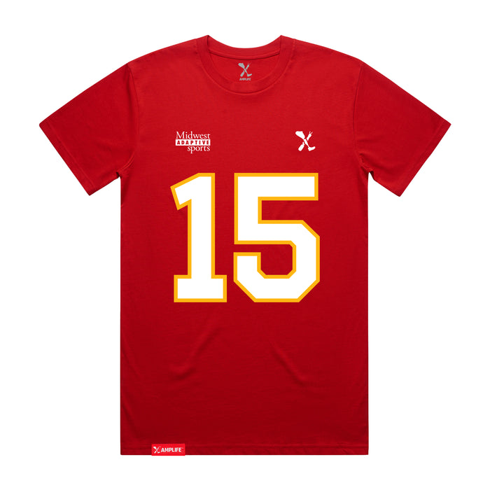 Front angle of the Josh Bailey MAS Kansas City Wheelchair Football Amplife Red T-Shirt against a white background