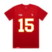 Front angle of the Josh Bailey MAS Kansas City Wheelchair Football Amplife Red T-Shirt against a white background