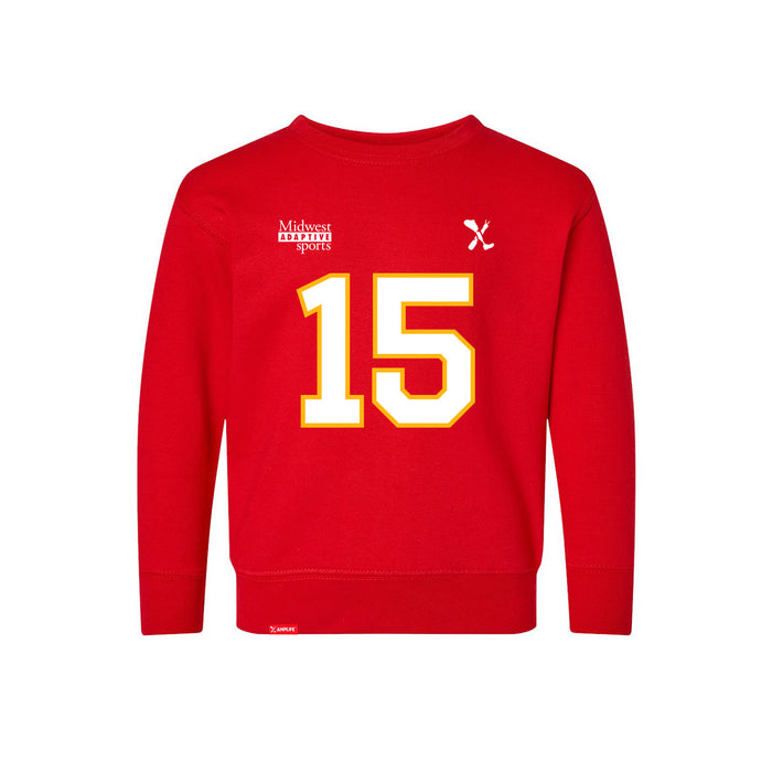 Front angle of the Josh Bailey MAS Kansas City Wheelchair Football Amplife Toddler Red Crewneck Sweatshirt against a white background
