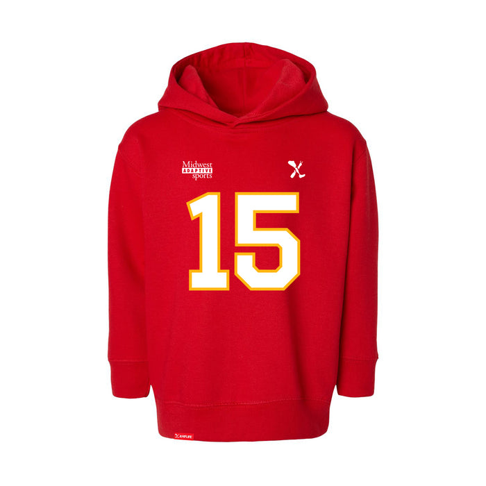 Front angle of the Josh Bailey MAS Kansas City Wheelchair Football Amplife Toddler Red Hoodie against a white background