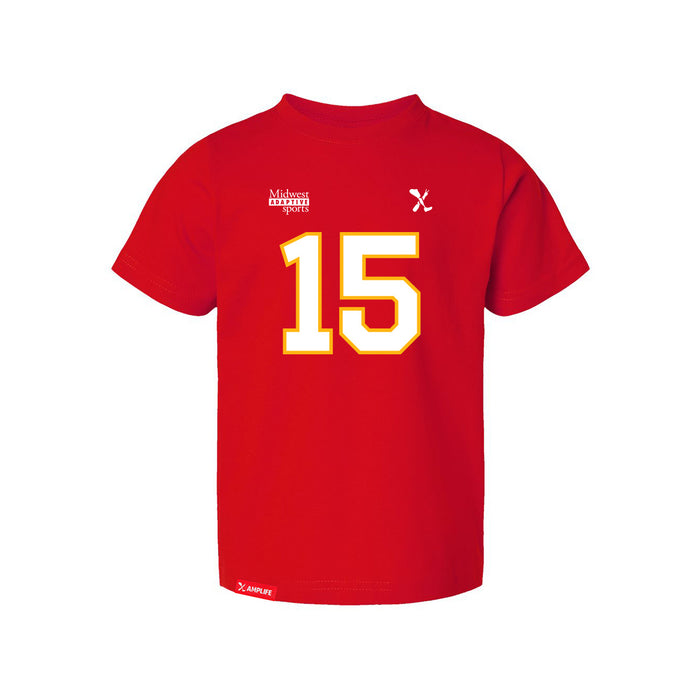 Front angle of the Josh Bailey MAS Kansas City Wheelchair Football Amplife Toddler Red T-Shirt against a white background