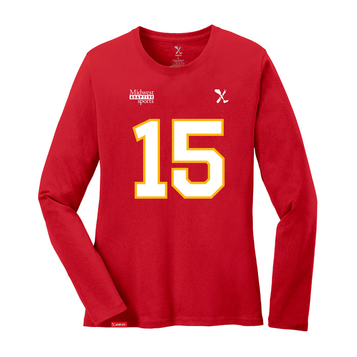 Front angle of the Josh Bailey MAS Kansas City Wheelchair Football Amplife Women's Red Long Sleeve T-Shirt against a white background