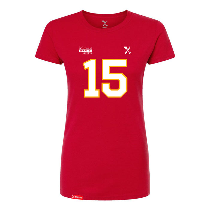 Front angle of the Josh Bailey MAS Kansas City Wheelchair Football Amplife Women's Red Slim T-Shirt against a white background