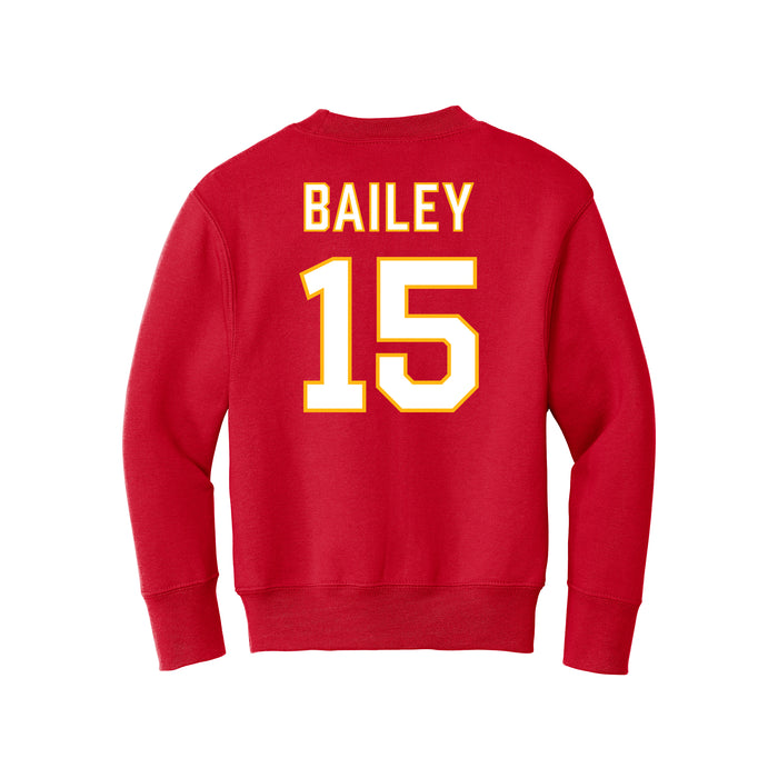 Back angle of the Josh Bailey MAS Kansas City Wheelchair Football Amplife Youth Red Crewneck Sweatshirt against a white background