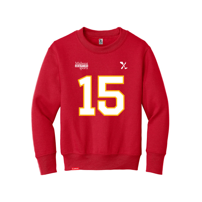Front angle of the Josh Bailey MAS Kansas City Wheelchair Football Amplife Youth Red Crewneck Sweatshirt against a white background