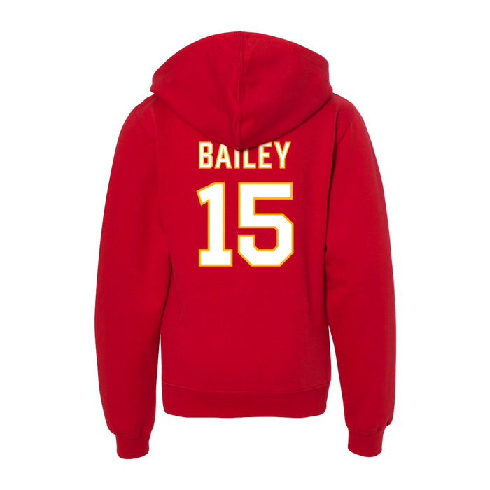 Back angle of the Josh Bailey MAS Kansas City Wheelchair Football Amplife Youth Red Hoodie against a white background