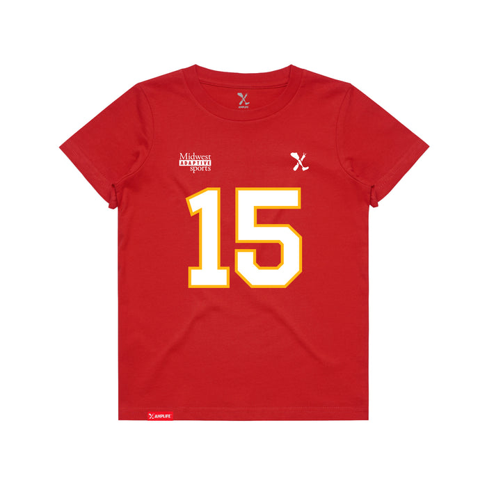 Front angle of the Josh Bailey MAS Kansas City Wheelchair Football Amplife Youth Red T-Shirt against a white background